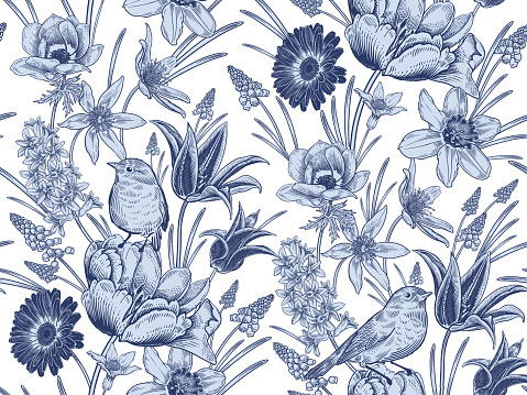 Floral seamless pattern. Vintage spring background. Vector illustration. Lovely flowers and birds. Blue and white. Bulbous primroses, snowdrops, tulips, anemone, daffodils, muscari, jacinth.