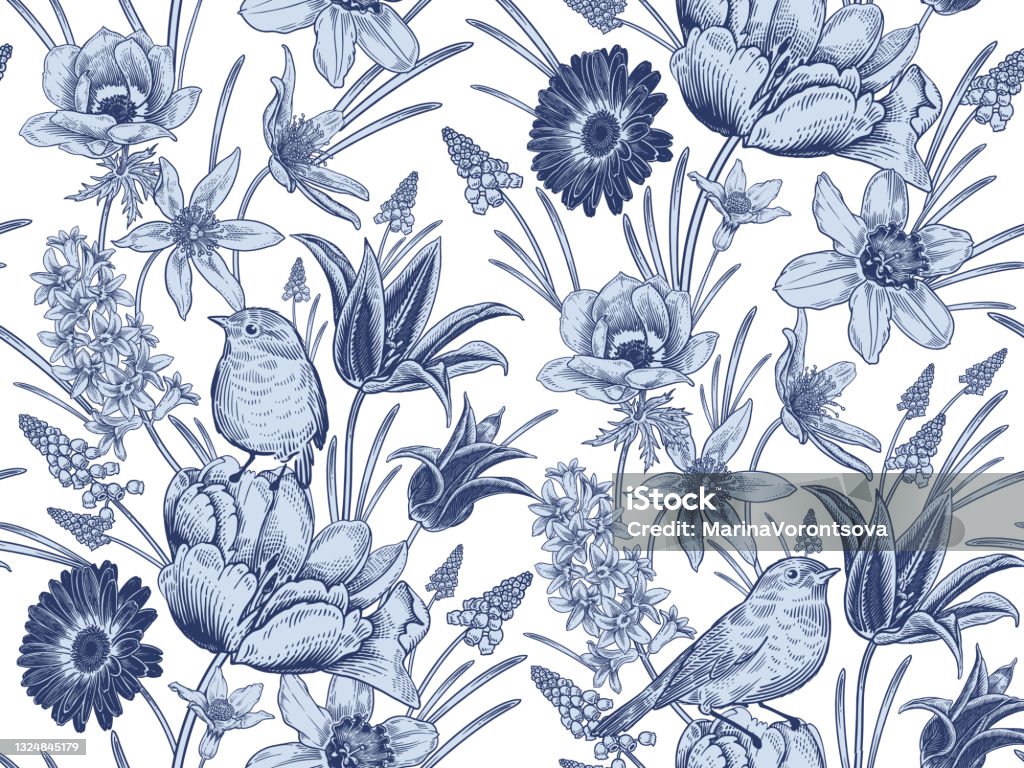 Spring Vintage Seamless Pattern Flowers And Birds Blue And White Vector