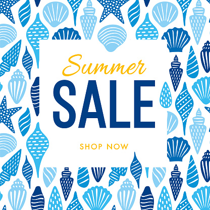 Summer sale design template with Seashells. Design for advertising, banners, leaflets and flyers.