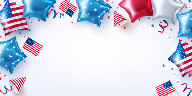 ilustraciones, imágenes clip art, dibujos animados e iconos de stock de antecedentes del partido del 4 de julio. celebración del día de la independencia de ee.uu. con american stars shaped balloons.4th of july promotion advertising banner template or usa party decorations and brochures. - hot air balloon party political party greeting