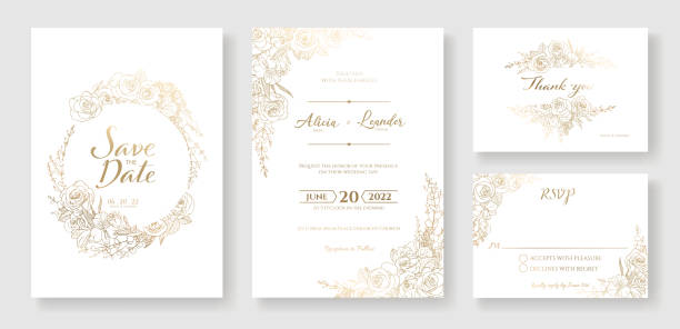 Gold Wedding Invitation, save the date, thank you, rsvp card Design template. winter flower, Rose, leaves, Wax flower Gold Wedding Invitation, save the date, thank you, rsvp card Design template. Vector. winter flower, Rose, leaves, Wax flower anniversary invitation backgrounds greeting card stock illustrations