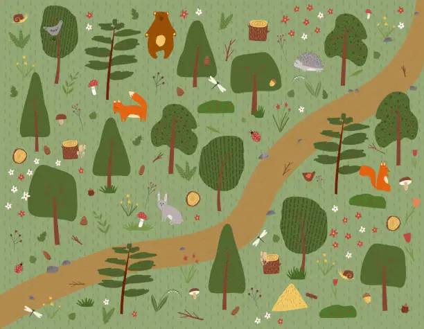 Vector illustration of Hand drawn vector illustration of green nature summer forest park landscape background with trees, flowers, plants, animals, insects, mushrooms. Map of textured woods with many elements.