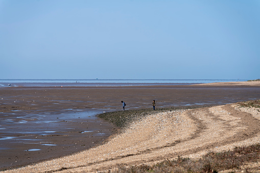 Tourists on Snettisham beach looking out across the mud flats, Snettisham, Norfolk, England, UK.
