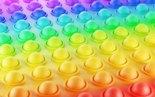 Bubble colorful geometric texture background. Anti-stress toy pop it. Simple dimple push sensory fidget, point fingers in circle for fine motor skills of kids, stress relief balls, 3d illustration