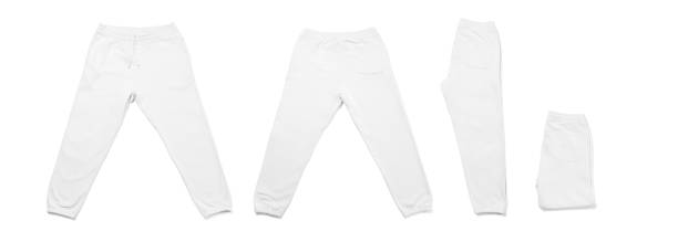 Collage of differently folded white sweatpants on white background Collage of differently folded white sweatpants isolated on white background jogging pants stock pictures, royalty-free photos & images