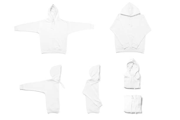collage aus unterschiedlich gefaltetem weißen hoodie auf weißem hintergrund - sweatpants stock-fotos und bilder