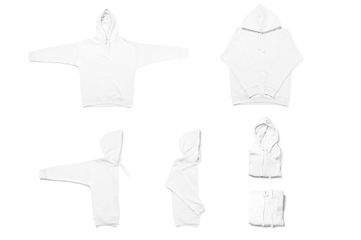 Collage of differently folded white hoodie isolated on white background