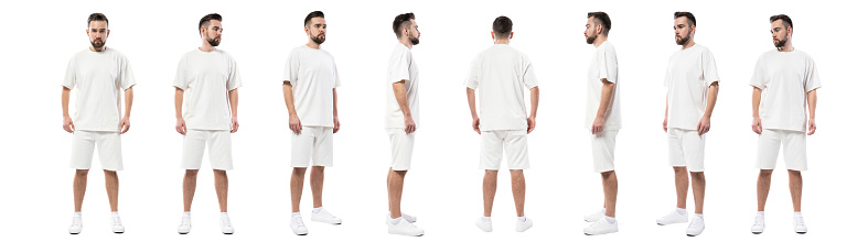 Collage from different sides of man wearing white clothes with a blank space for design isolated on white background