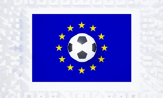 soccer ball on the European Union flag top view. 3d rendering
