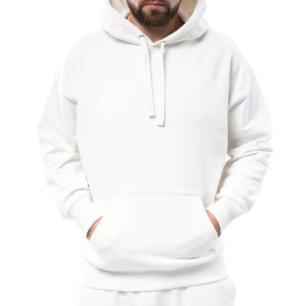 homme portant un sweat à capuche blanc sur fond blanc - short phrase photos et images de collection