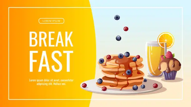 Vector illustration of Promo sale banner with pancakes with berries, cupcake, orange juice. Healthy eating, nutrition, cooking, breakfast menu, dessert, recipes concept.