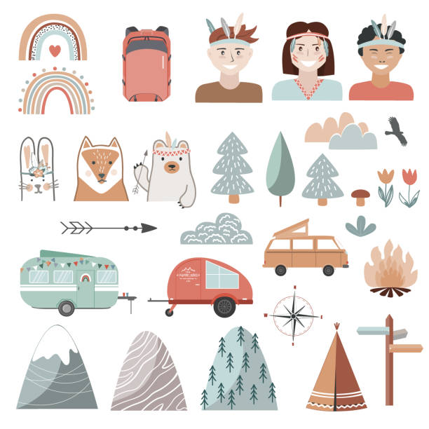 zestaw lata, sprzęt kempingowy, elementy krajobrazu i dzieci ubrane w stylu plemiennym. przyczepy, drzewa i zwierzęta w stylu skandynawskim. kreskówka płaska ilustracja - camping campfire boy scout girl scout stock illustrations
