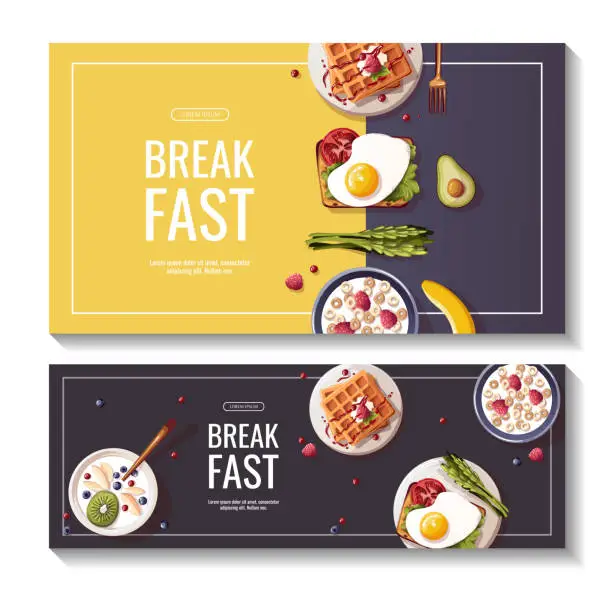 Vector illustration of Toast with scrambled eggs, waffles, corn rings, asparagus, avocado. Healthy eating, nutrition, cooking, breakfast menu, fresh food concept.