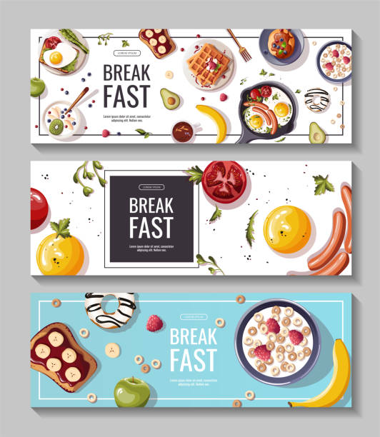 ilustrações, clipart, desenhos animados e ícones de conjunto de banners promocionais para o cardápio do café da manhã, alimentação saudável, nutrição, culinária, comida fresca, sobremesa, dieta, pastelaria, culinária. - waffle sausage breakfast food