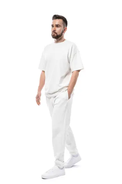 Handsome man wearing white clothes with a blank space for design isolated on white background