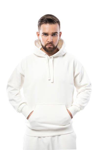 istock Handsome man wearing white blank hoodie on white background 1324851907