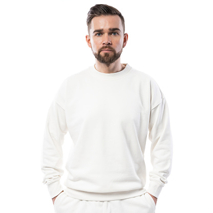 Handsome man wearing blank white sweatshirt isolated on white background
