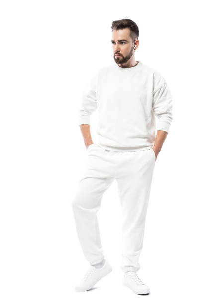 Handsome man wearing blank white clothes on white background