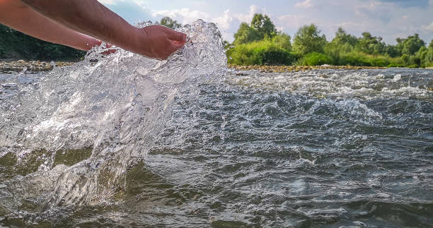 istock Male hands raise water from a mountain river 1324853549