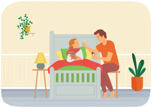 Vector illustration of Dad gives medicine to kid. Child care, parenthood concept. Father giving medical syrup to sick son