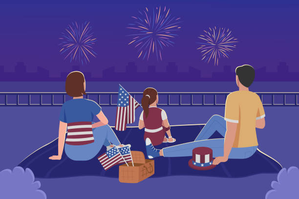 Family watching fireworks for 4th of july flat color vector illustration Family watching fireworks for 4th of july flat color vector illustration. Independence day celebration. Summer evening outdoor. Parents with daughter 2D cartoon characters with night sky on background independence day holiday illustrations stock illustrations
