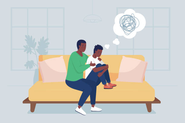 Father support teen son flat color vector illustration Father support teen son flat color vector illustration. Mental health problems. Dad counseling teenager with depressing thoughts. Family 2D cartoon characters with home interior on background compassion stock illustrations
