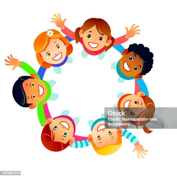 Happy Friendship Day Greeting Card Illustration Of Diverse Children Group  Circle Holding Hands From Top View