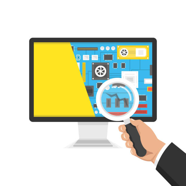 istock Computer repair, service.  Hand holding a magnifying glass and looking for malfunctions. Vector illustration. 1324857317