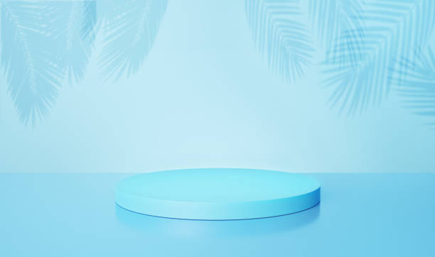 istock Blue background, podium, pedestal, palm leaves. 3d render. 1324857566