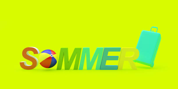 istock Summer colorful text with beach ball and suitcase 1324858479