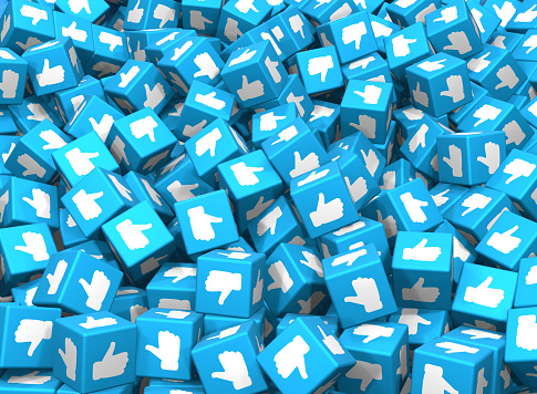 A heap of Blue cubes with Like icon. Connection Concept.