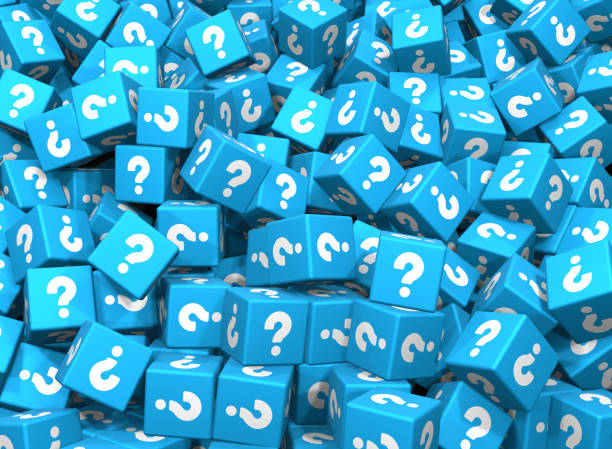 A heap of Blue cubes with Question Marks icon. Connection Concept.
