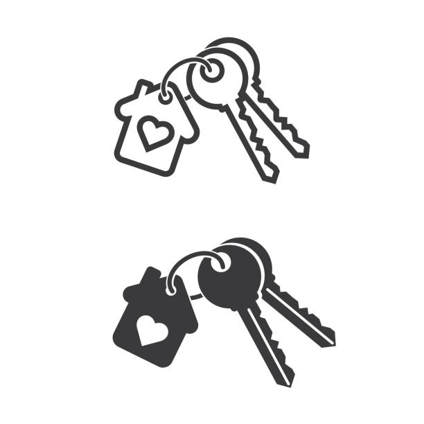illustrations, cliparts, dessins animés et icônes de trousseau de clés avec cœur dans deux versions différentes. - clé