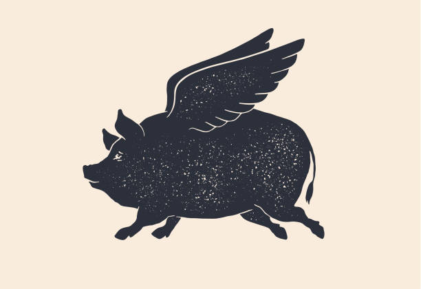 Angel piggy, pig with wings. Vintage retro print Angel piggy, pig with wings. Vintage retro print, black white fly pig drawing with wings, grunge old school style. Isolated black silhouette angel pig on white background. Vector Illustration pig stock illustrations