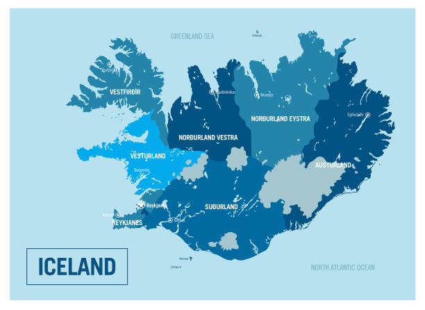 islandia wyspa polityczna mapa. szczegółowa ilustracja wektorowa z odizolowanymi stanami, regionami, wyspami i miastami łatwymi do rozgrupowywanie. - iceland stock illustrations