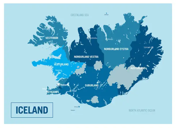 Vector illustration of Iceland country island political map. Detailed vector illustration with isolated states, regions, islands and cities easy to ungroup.