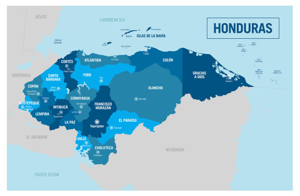 honduras land politische karte. detaillierte darstellung mit isolierten regionen, provinzen, departements, staaten, inseln und städten, die leicht zu gruppieren sind. - central america map belize honduras stock-grafiken, -clipart, -cartoons und -symbole