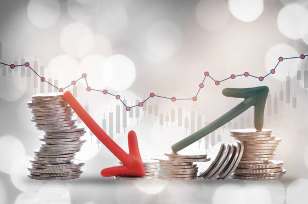 Financial depressing and growth graph stock trading on bokeh background Economic recession and recovery concept and return on investment roi idea debt recovery stock pictures, royalty-free photos & images