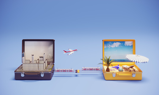 Two suitcases, one includes a city another one includes beach. Trains and Airplane travelling, symbolizing holiday travel concept . (3d render)