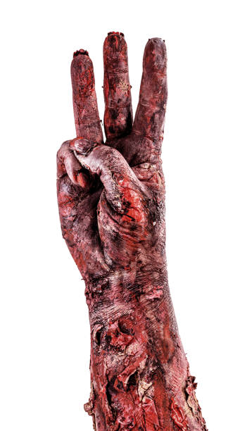 zombie-hand mit drei fingern, countdown isoliert weißen hintergrund, halloween-hand. - countdown to armageddon stock-fotos und bilder