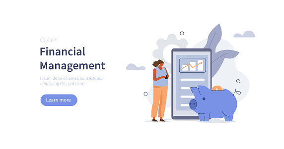 People character calculating, managing and collecting money in mobile financial app. Financial management, money  savings and deposit growth concept. Flat cartoon vector illustration.
