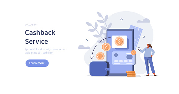 People character paying online and receiving bonus money or reward back on credit card. Cashback, financial savings and money refund concept. Flat cartoon vector illustration.