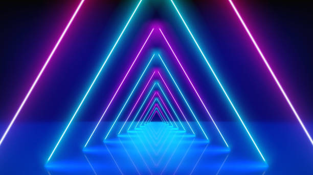 glühende neonlinien, tunnel, abstrakter technologischer hintergrund, virtuelle realität. rosa blau lila neon dreieckigen korridor, perspektive. ultraviolettes helles leuchten. vektor-illustration - neon stock-grafiken, -clipart, -cartoons und -symbole