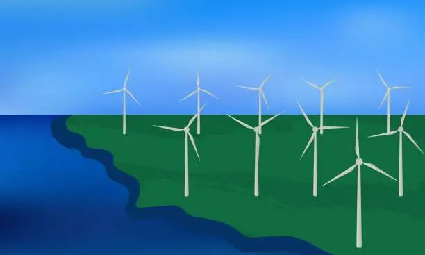 Vector illustration of Wind turbines, ecological power generators, standing on a green beach.