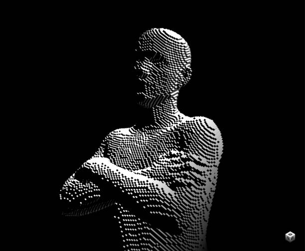 istock Man crossing his arms over his chest. 3D human body model. Artificial intelligence concept. Voxel art. Vector illustration. 1324878359
