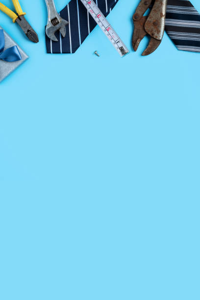 istock Top view design concept of Father's day with working tools on blue background. 1324878883
