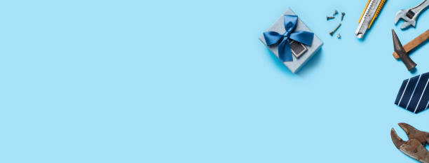istock Top view design concept of Father's day with working tools on blue background. 1324878948