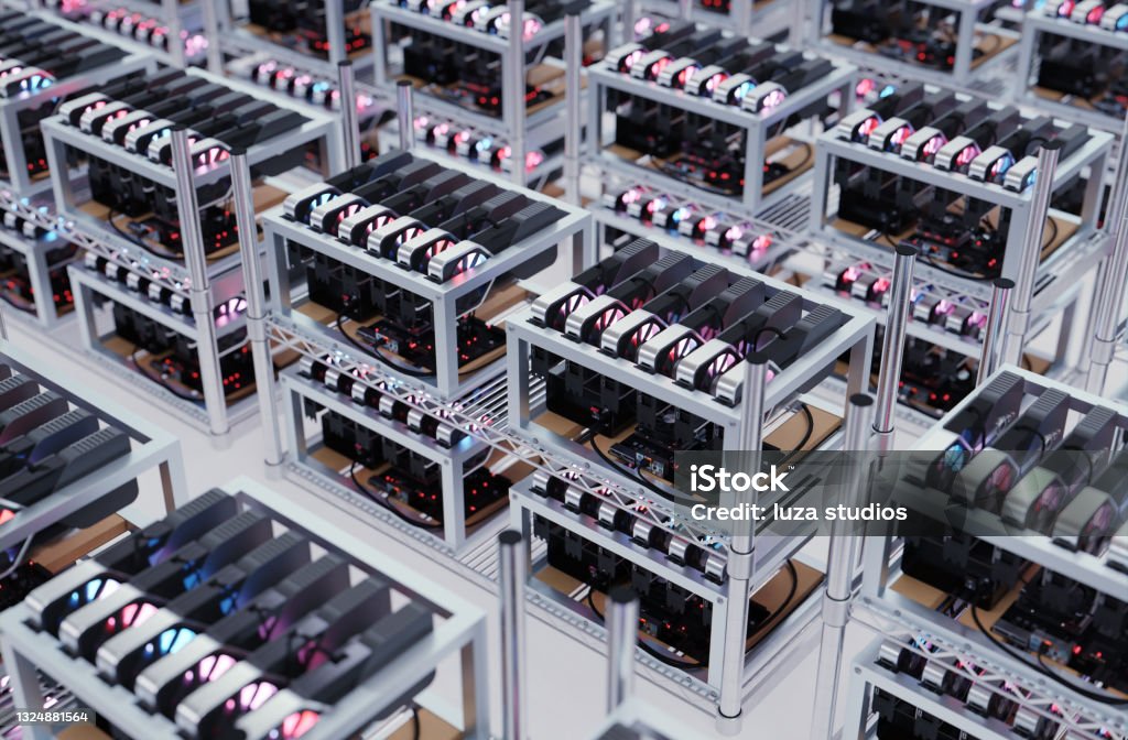 Commercial Data Mining Rigs Cryptocurrency Mining Rigs In Rows Stock Photo - Download Image Now ...