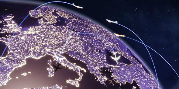 Flying Airplanes and flight paths on the earth globe view from space at night to Europe. All the world map textures are originally from NASA. ( 3d render )Map source Url:  -https://earthobservatory.nasa.gov/features/NightLights/page3.php