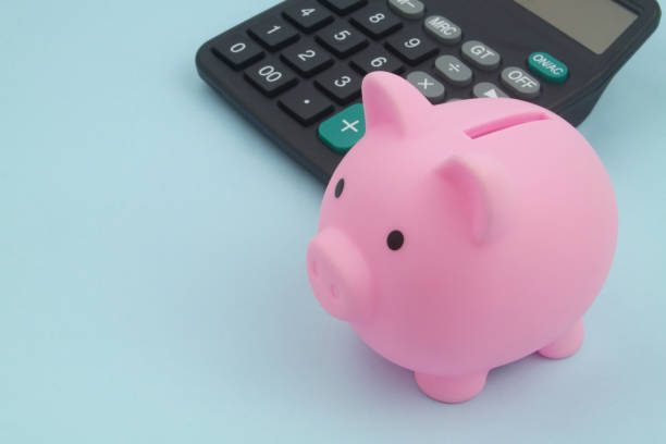 istock Piggy bank and calculator on blue background 1324883872